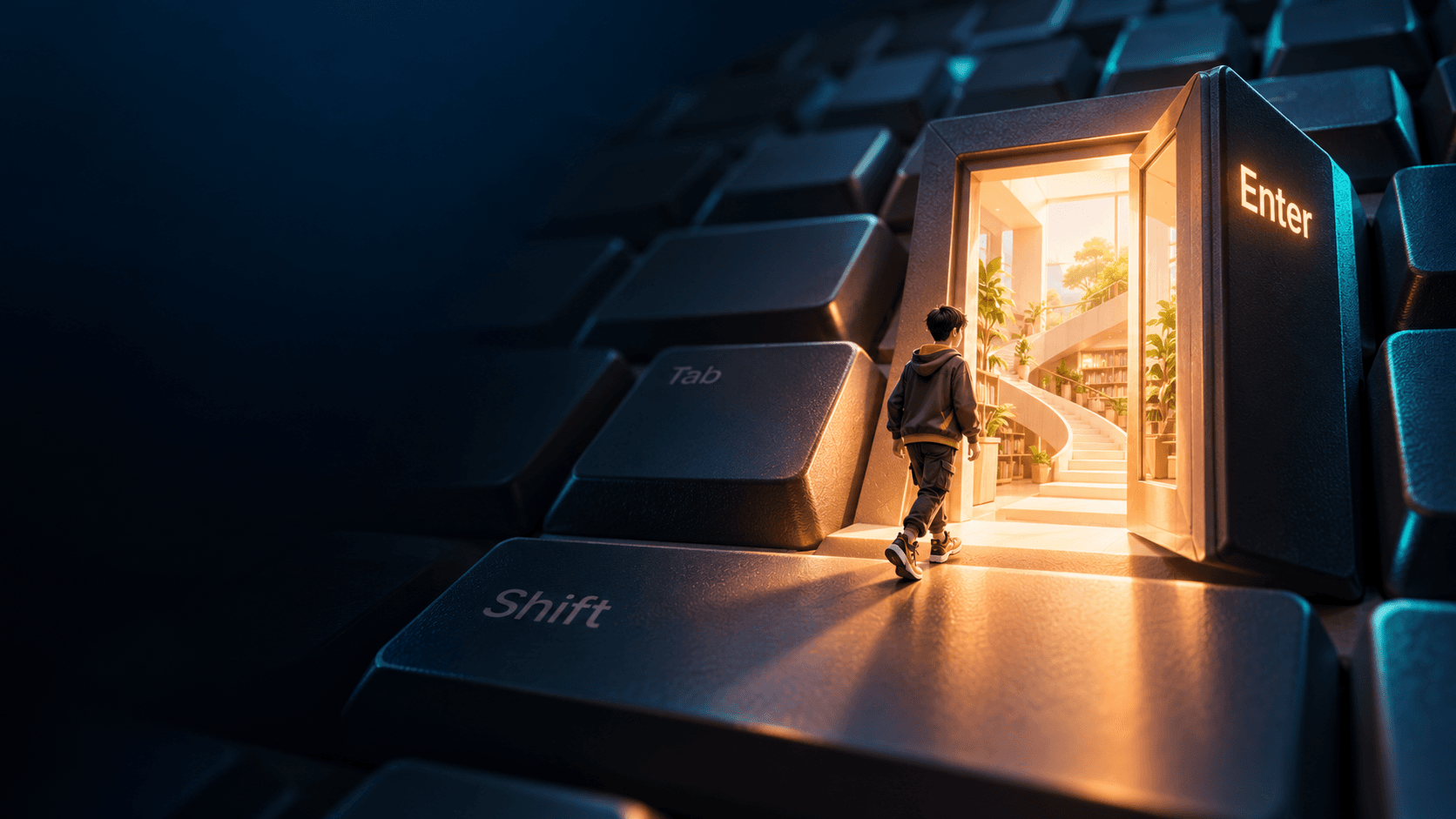 Young learner approaching an illuminated Enter key doorway within a digital keyboard environment.