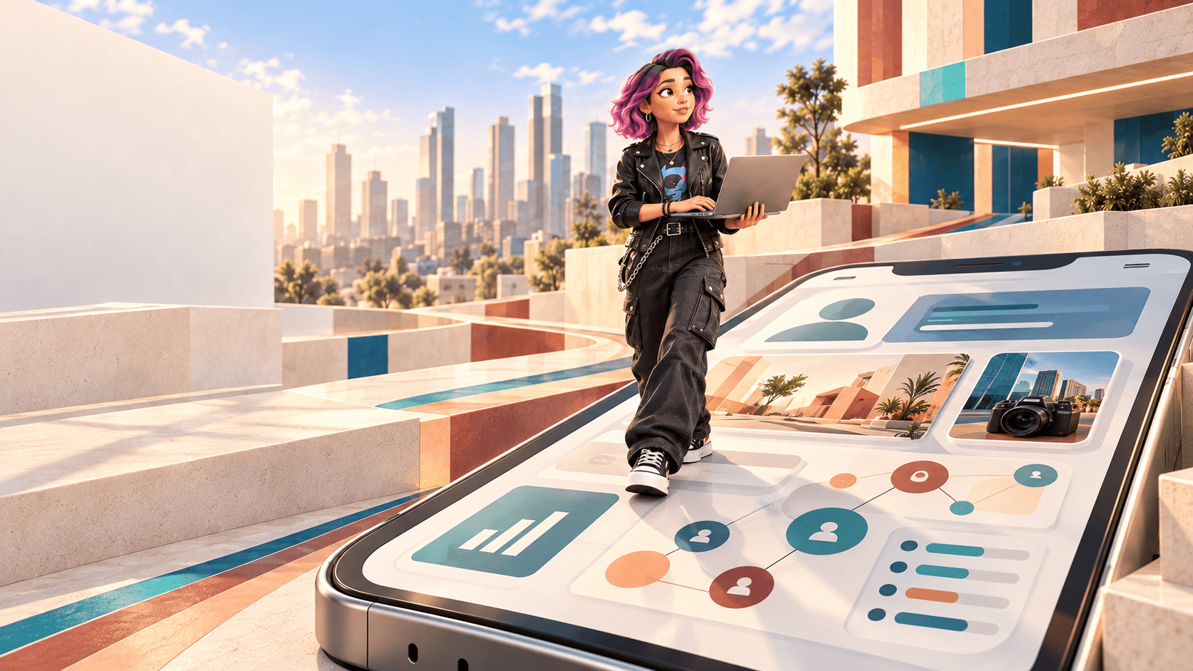 Young professional carrying a laptop across a large digital stage shaped like a phone, representing professional identity, portfolio, visibility and opportunity.