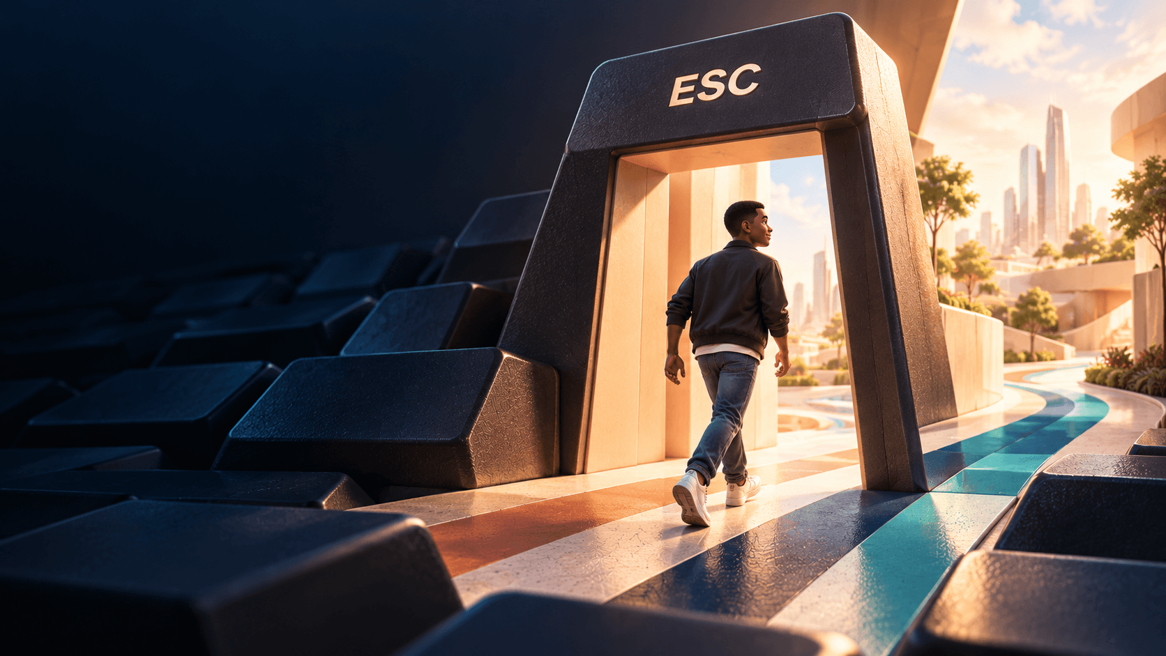 A young African man walks through a monumental ESC doorway along the Worth in Motion path, leaving dark keyboard architecture for a brighter world.